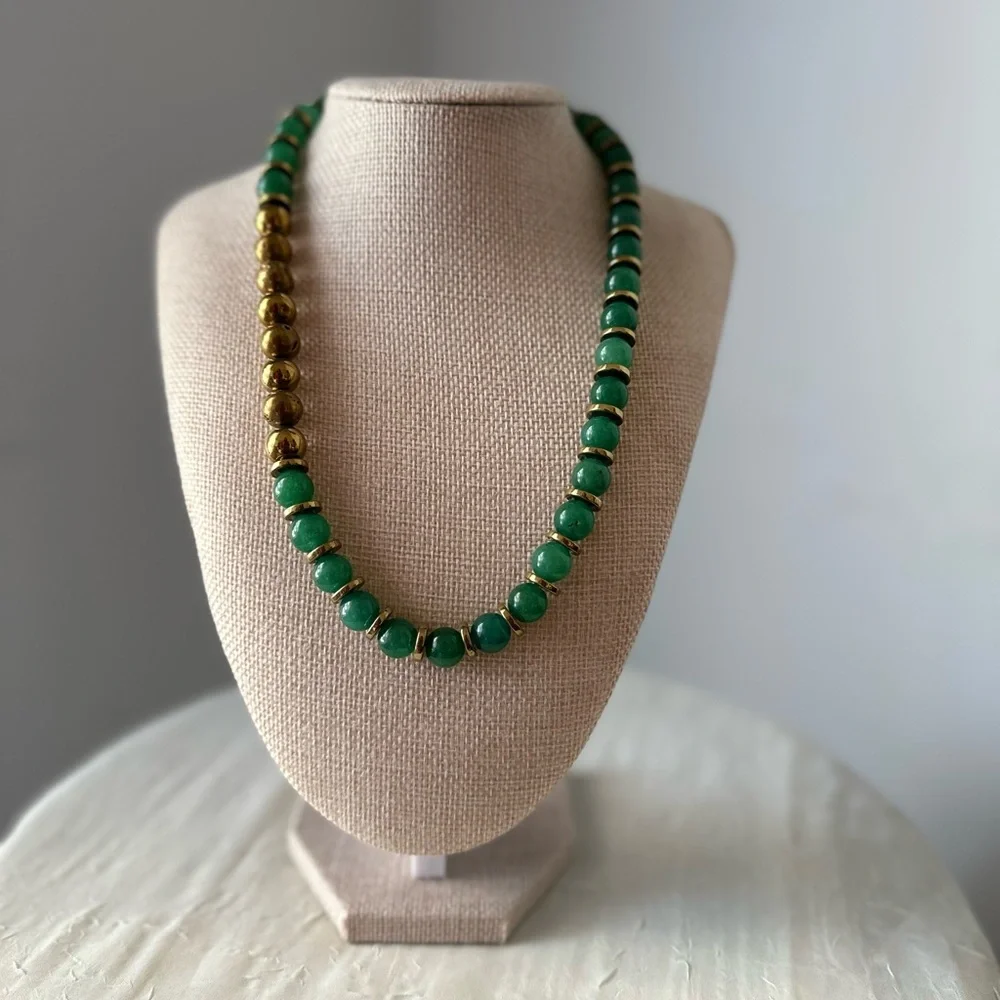 GREEN AVENTURINE GOLD HEMATITE STATEMENT NECKLACE 19” - Picture 7 of 9